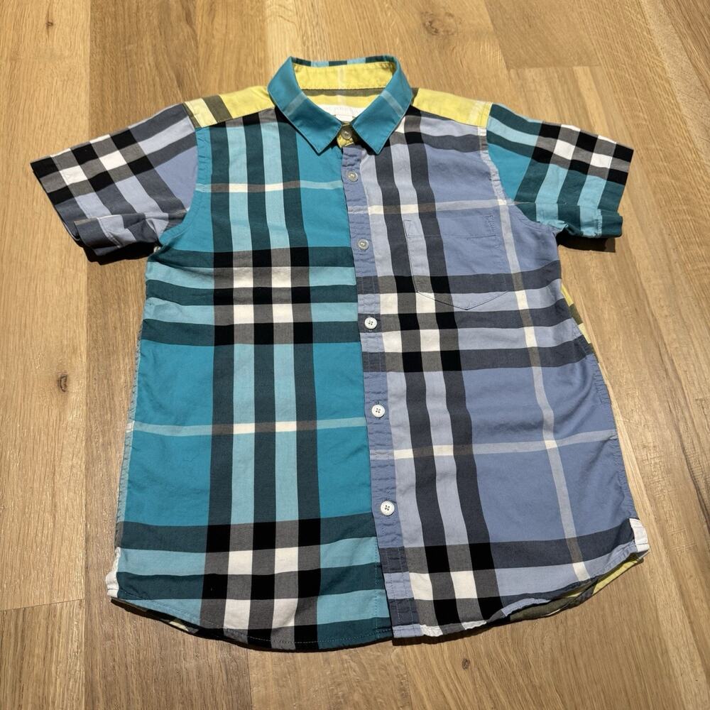Burberry Children Youth Size 8Y Nova Check Plaid Button Up Shirt Blue Yellow